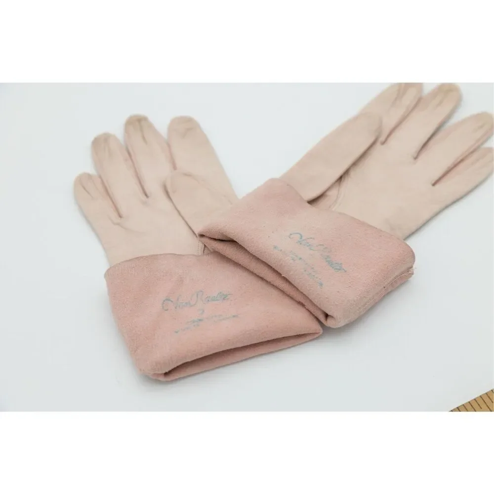 Vintage‎ 1950s Kid Leather Gloves Women’s Size 7 Pink Blue Stamp 10” Long